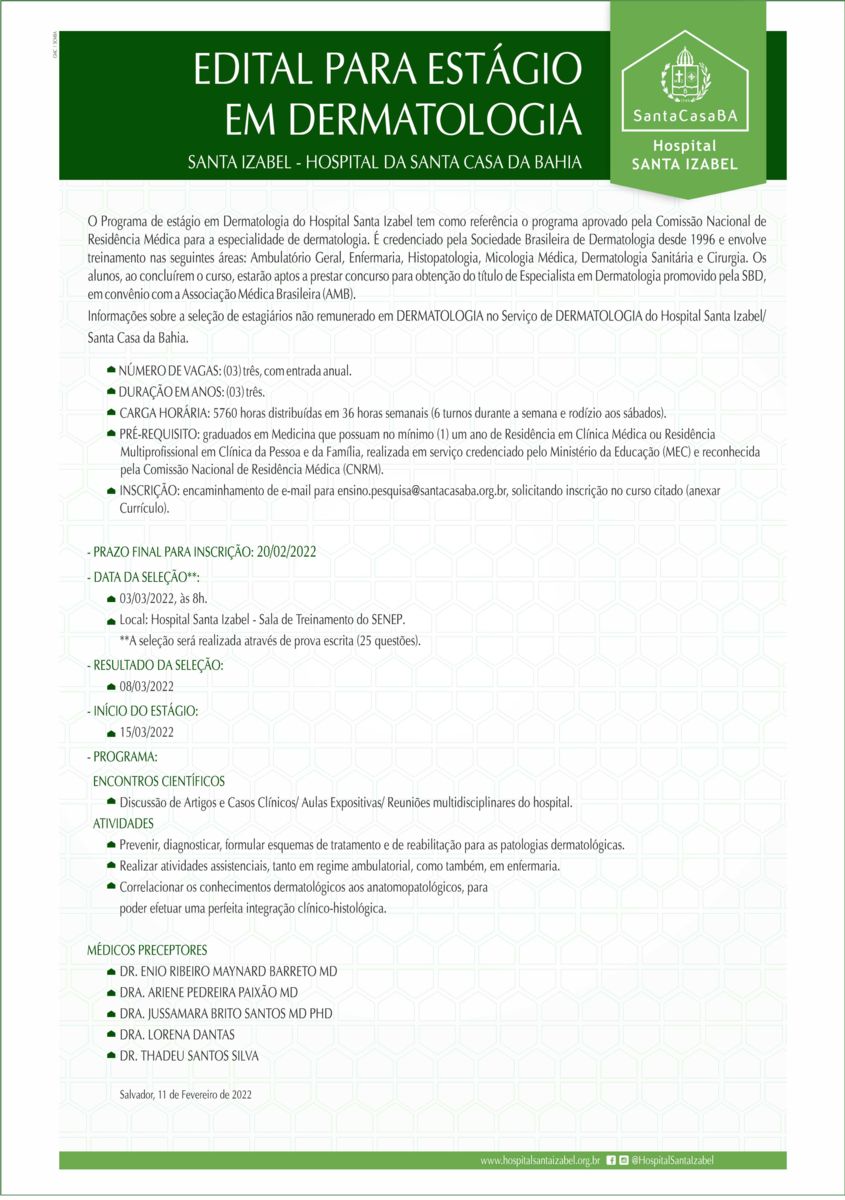 Edital Estágio em Dermatologia 2022